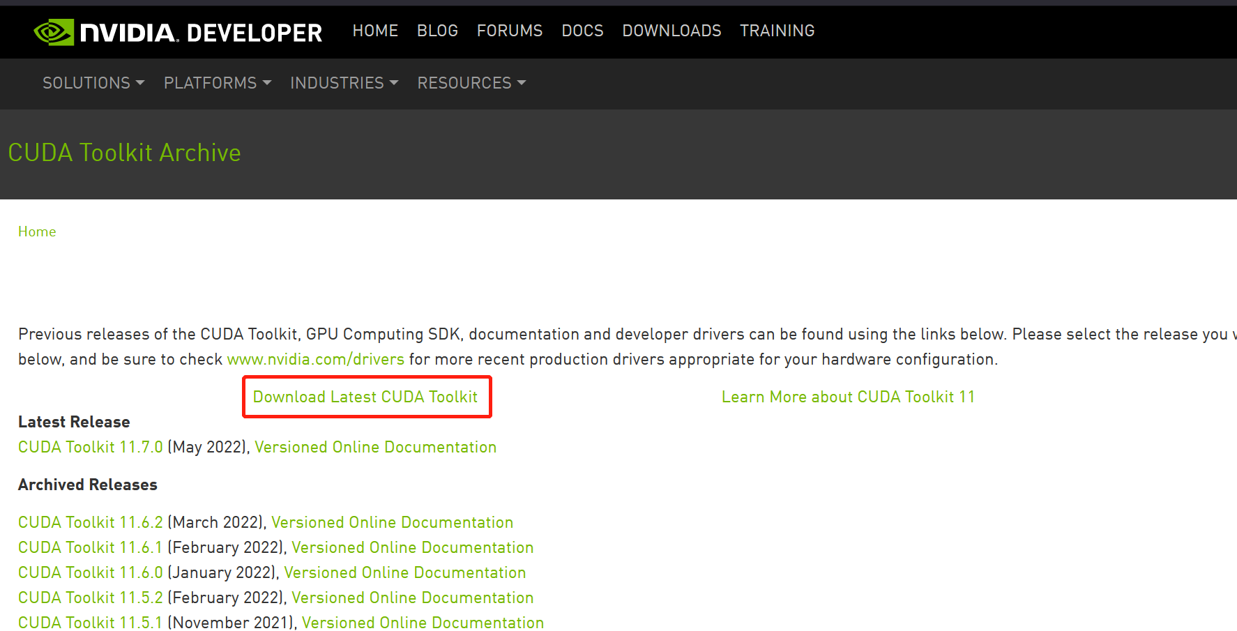 NVIDIA cuda download page